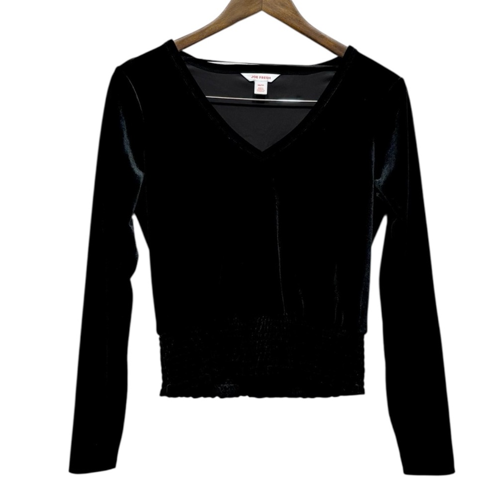 Joe Fresh Black Velvet Long Sleeve Scoop Neck Cropped Blouse Top XS - Picture 9 of 9